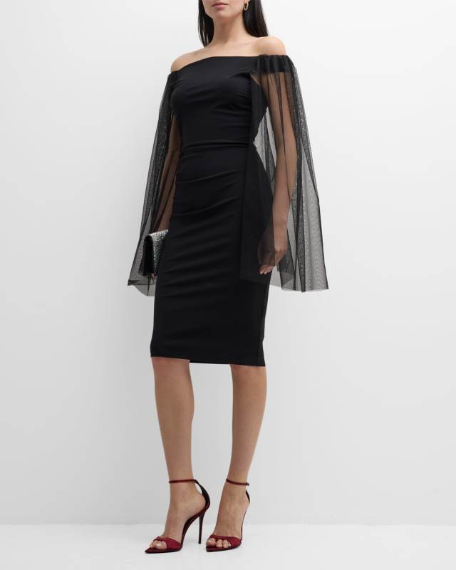Gabris Off-Shoulder Cape-Sleeve Midi Dress